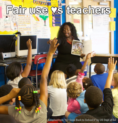 Teacher sitting on chair reading to and calling on elementary students sitting on floor - captioned Fair Use Hearts Teachers