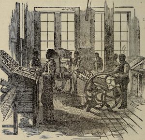 engraving/drawing of of students using printing press in the late 1800s