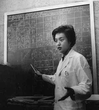 Black and white midcentury photograph of Chinese woman scientist in white lab coat gesturing in front of a chalkboard full of data